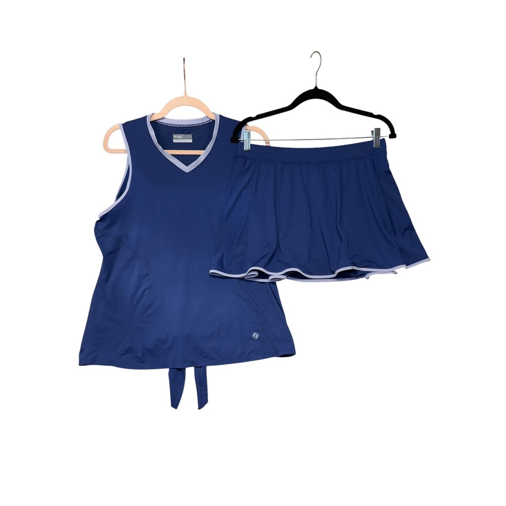 Lija Womens Tennis Golf Set Navy Blue Sleeveless Tie Back Top and Skort Large